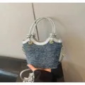 Denim bucket bag with silver handles stylish shoulder handbag for women summer fashion casual - No Pendant / Dark Blue