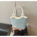 Stylish denim bucket bag for women with rhinestone embellishments, top handle and shoulder strap. - No Pendant / Light Blue