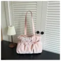 Bolso de hombro plisado con lunares rosas estilo coreano y lazo de perlas, bolso de cuero suave. - Rosa Con Colgante