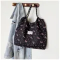 Black floral pleated tote bag for women, large capacity casual shoulder bag daily use. - Black