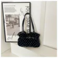 Korean style black polka dot pleated shoulder bag, soft leather fashion commuter tote. - No Pendant / Black