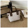 Vintage Pünktchen Mini Eimer Tasche, brauner PU Besatz, Umhängetasche Modell für Damen. - Ohne Anhänger / Weiß