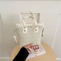 Plaid bucket bag women casual stylish shoulder crossbody bag elegant lace trim top handle bag - No Pendant / Off White
