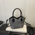 Elegante bolso de cubo para mujer bolso de hombro de lona gris bolso casual diario de gran estilo - Negro