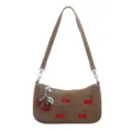 Brown denim shoulder bag featuring cute red cherry embroidery and metallic cherry pendant charm. - With Pendant / Khaki