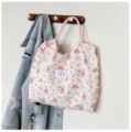 Floral quilted shoulder bag for women, large capacity casual daily tote with pink handle. - Deep Pink