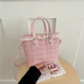 Pink plaid bucket bag with lace trim, stylish top handle shoulder bag for daily commute. - No Pendant / Pink