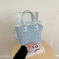 Blue plaid bucket bag with delicate lace trim, chic top handle and shoulder strap for women. - No Pendant / Blue