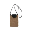 Bolso cruzado de paja trenzada para teléfono de mujer, bolso casual con solapa de cuero. - Sin colgante / Negro