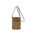 Bolso bandolera de paja tejida para mujer, mini bolso casual con solapa de cuero. - Sin colgante / Marrón