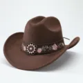 Brauner Western Cowboyhut mit Stickerei Band und Perlen Schnalle, breite Krempe Jazz Hut. - M (56-58cm) / Kaffeebraun