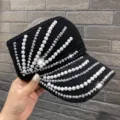 Visera de sol tejida negra con perlas diamantes de imitación mujeres verano sombrero playa - Velcro / Negro