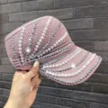 Sombrero de visera de sol superior vacio de punto de estrases de perlas rosa verano casual - Velcro / Rosa