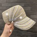 Mujer verano vacio sombrero de sol beige tejido perlas diamantes imitacion casual playa - Velcro / Beige