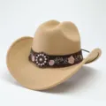Klassischer kamelfarbener Western Cowboyhut mit ethnischer Stickerei und Perlenschnalle. - M (56-58cm) / Camel