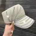 Visera de sol tejida en beige sin copa con perlas y pedrería brillantes para mujeres. - Velcro / Blanco Crema