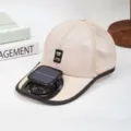 Sun protection baseball cap with solar fan, breathable mesh design for summer outdoor wear. - Full Trim Mesh Baseball Cap with Solar Fan - Beige