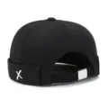 Black brimless docker cap stylish sailor miki hat with metal buckle and X badge street wear. - Adjustable 55-60 / Black