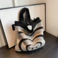 Gebreide shopper tas voor dames, casual open schoudertas met chic gebreid patroon ontwerp. - Zwart
