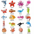 Detailed size chart showing dimensions of various cartoon ocean animal bathtub stickers. - With Scraper / Marine Animals Set 1