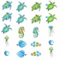 Watercolor marine animal anti-slip bathtub stickers size chart showing various sea creatures. - With Scraper / Marine Animals Set 6