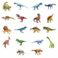 Detailed size chart showing dimensions for various colorful dinosaur stickers and toy models. - With Scraper / Dinosaur