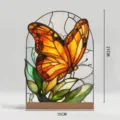 Stained glass style butterfly acrylic tabletop ornament detail view with wooden base. - Butterfly Stained Glass Ornament (BTU455) / With Large Wood Base (Carton Boxed)