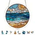 Close-up detail of stained glass acrylic ocean hanging plaque, vibrant sun wave design. - PT-TYU045