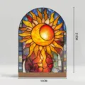 Stained glass style sun and moon acrylic desktop ornament with wood base for home decor. - Sun And Moon Arched Ornament(BTU461) / With Large Wood Base (Carton Boxed)