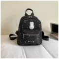 Stylish black star print mini backpack with cute rabbit patch for women daily casual wear. - Black without Pendant