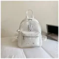Stylish white star print casual backpack with cute rabbit patch and front pocket design - White Without Pendant