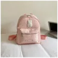 Pink star print backpack with cute fluffy rabbit patch casual school bag for women daily use - Pink Without Pendant