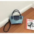 Schickes Jeans- und Leder-Patchwork-Top-Handle-Umhängetasche-Dumpling-Bag für Damen. - Ohne Anhänger (ZY3170) / Denim-Blau