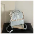 Light blue polka dot backpack with cute rabbit patch, lace bow and pearl beaded tassels for use. - Blue With Pendant