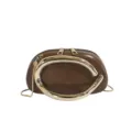 Brown leather shoulder bag with gold metal round handle, chain strap and zipper closure. - Brown