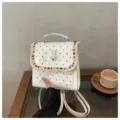 Cute white polka dot rabbit kids backpack with fringe flap and double shoulder straps. - White Without Pendant