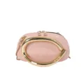 Pink leather shoulder bag with bold gold metallic curved handle and stylish chain strap. - Pink