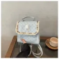 Children polka dot blue backpack with cute bunny applique and fringe trim daily school bag - Blue Without Charm