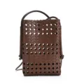 Dark brown woven leather phone bag, chic lattice crossbody pouch for women daily commute. - Brown