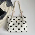 Stylish white polka dot canvas shoulder tote bag with chain handles for casual daily wear. - White with Pendant