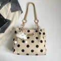 Casual polka dot canvas tote bag with chain strap and cute cloud pendant for daily use. - Khaki With Pendant