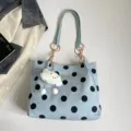 Blue polka dot canvas tote bag casual shoulder bag with cute cloud pendant daily use - Blue (With Pendant)
