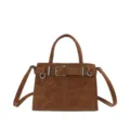 Retro brown suede shoulder bag for women, stylish square crossbody bag with belt buckle detail. - Without Ornament / Dark Brown