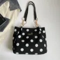 Black and white polka dot canvas tote bag with stylish chain handles for women daily use. - Black without Pendant