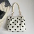 Black and white polka dot shoulder bag, large capacity canvas tote bag with chain strap. - White Without Pendant