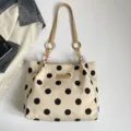 Stylish polka dot canvas shoulder bag for women, large capacity casual tote handbag with chains. - Khaki Without Pendant