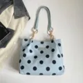 Light blue polka dot tote bag with double shoulder straps and gold rings for daily casual wear. - Blue No Charm
