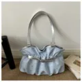 Light blue star printed ruched shoulder bag with silver straps, stylish daily casual tote purse. - Without Pendant (MC 6731) / Blue