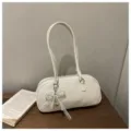 White PU leather shoulder bag with pearl lace bow pendant, stylish baguette handbag for women. - White with Pendant