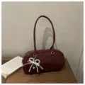 Burgundy patent leather vintage shoulder bag with pearl bow pendant, elegant underarm bag. - Red With Charm